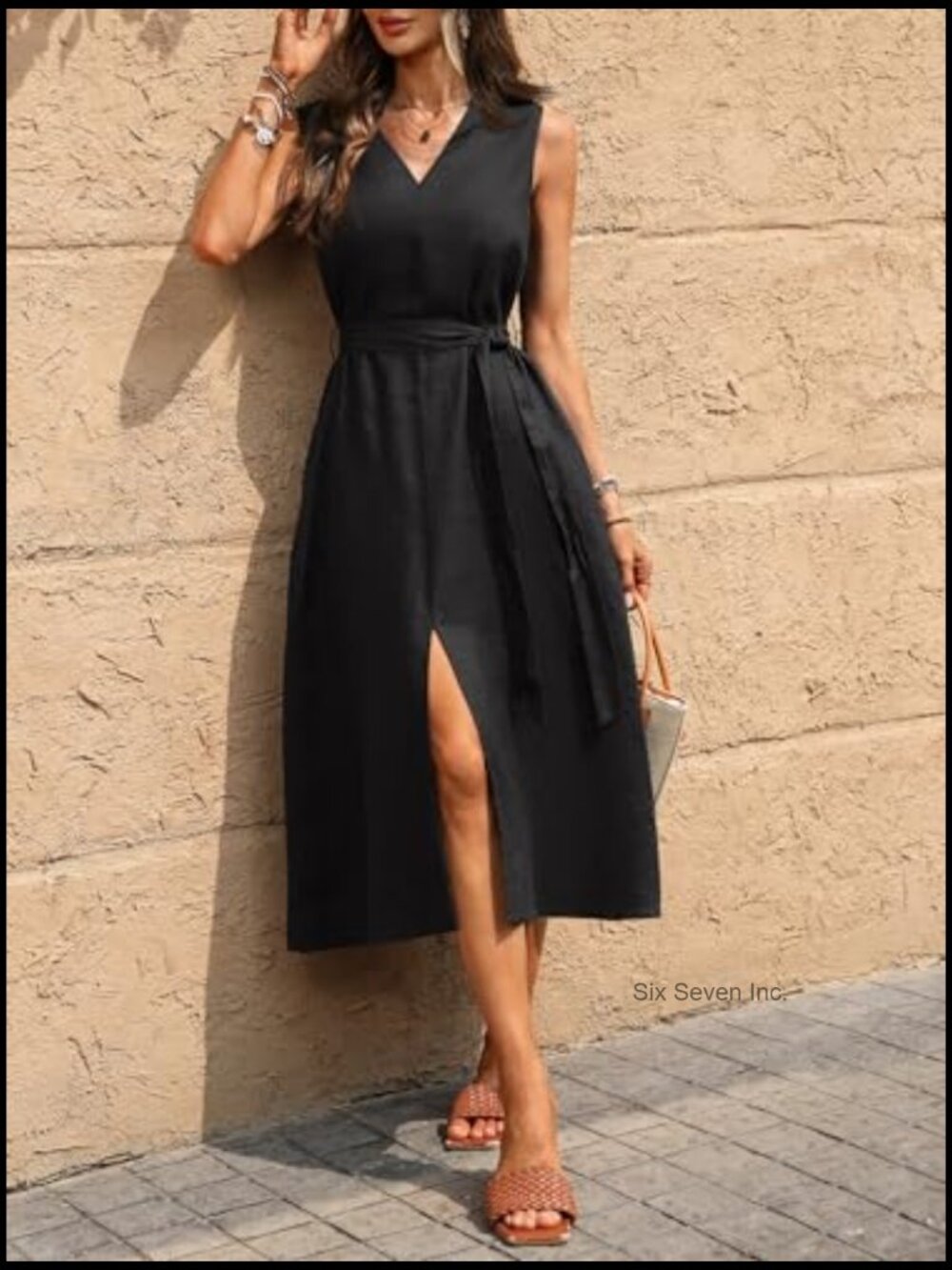 100% Linen Midi Dress with V Neck Sleeveless Design and Waist Belt - Picture 4 of 7